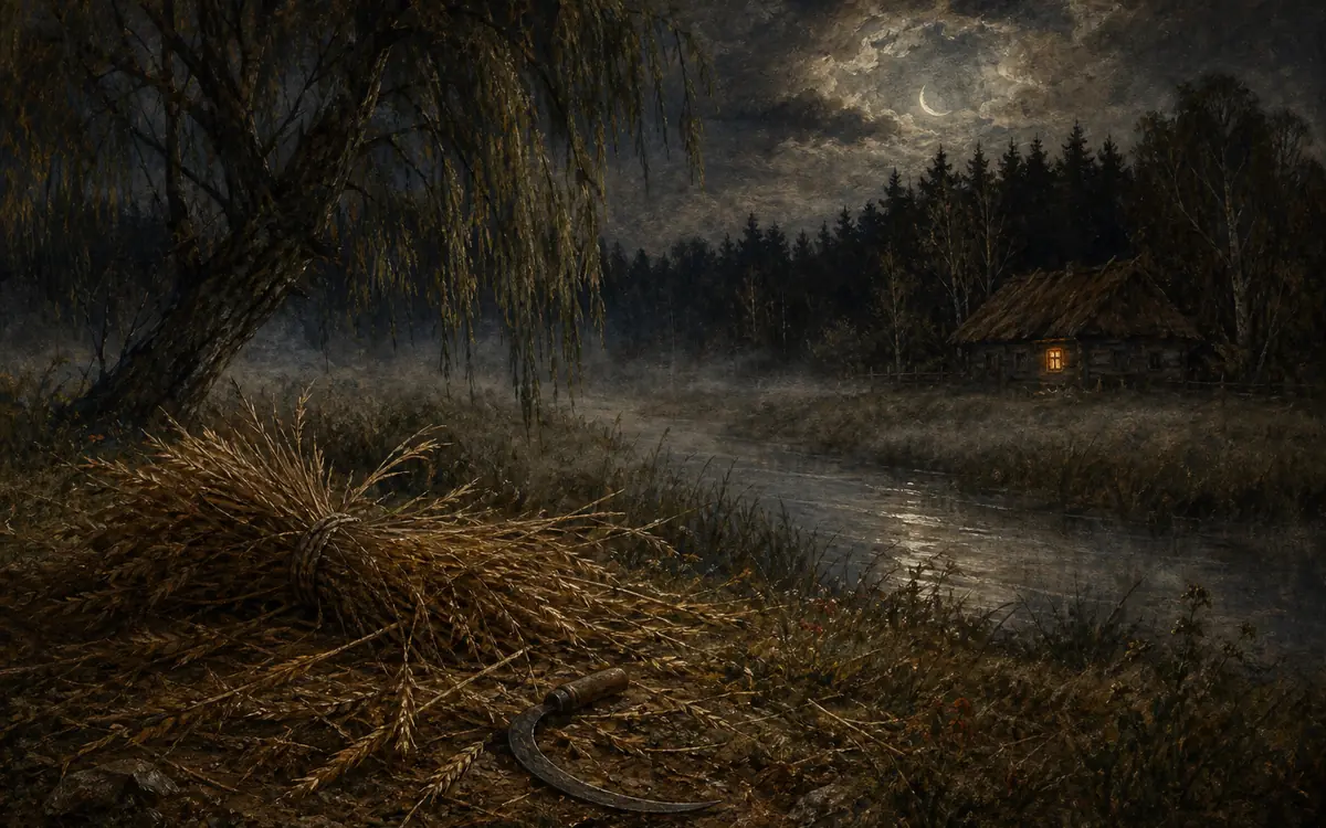 Nocna łąka nad rzeką we mgle, pod wierzbą porzucony sierp i snop zboża, w oddali ciemny las i jedno oświetlone okno chaty